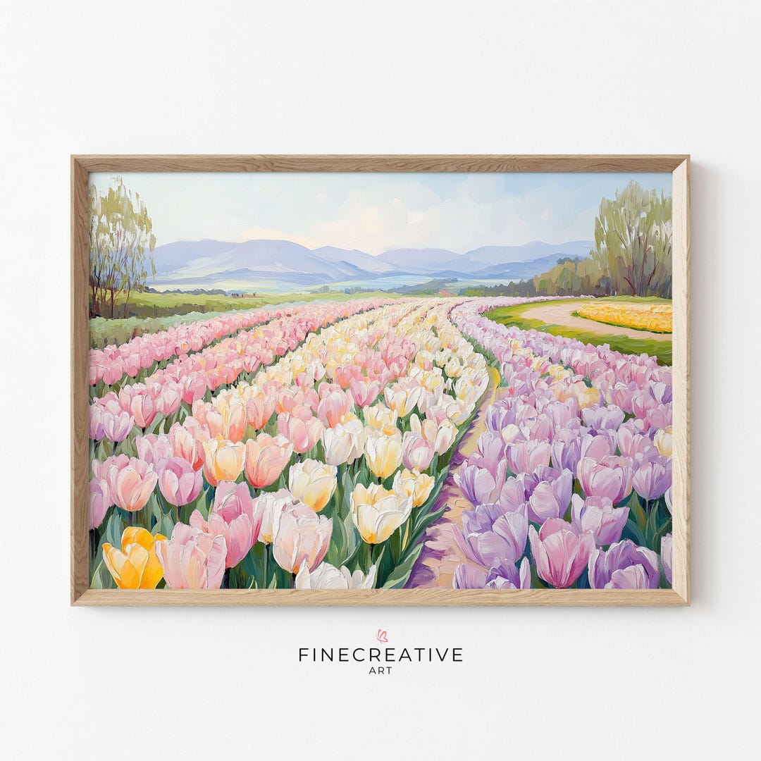 Tulip Field Wall Art, Printable Spring Landscape Painting, Pastel ...