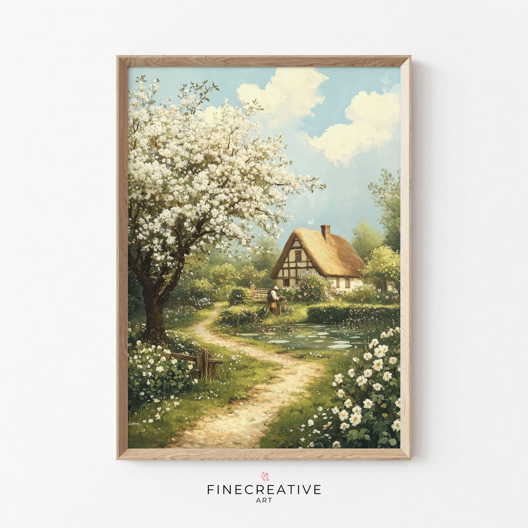 Vintage Spring Cottage Art Print, Printable Farmhouse Landscape Wall ...