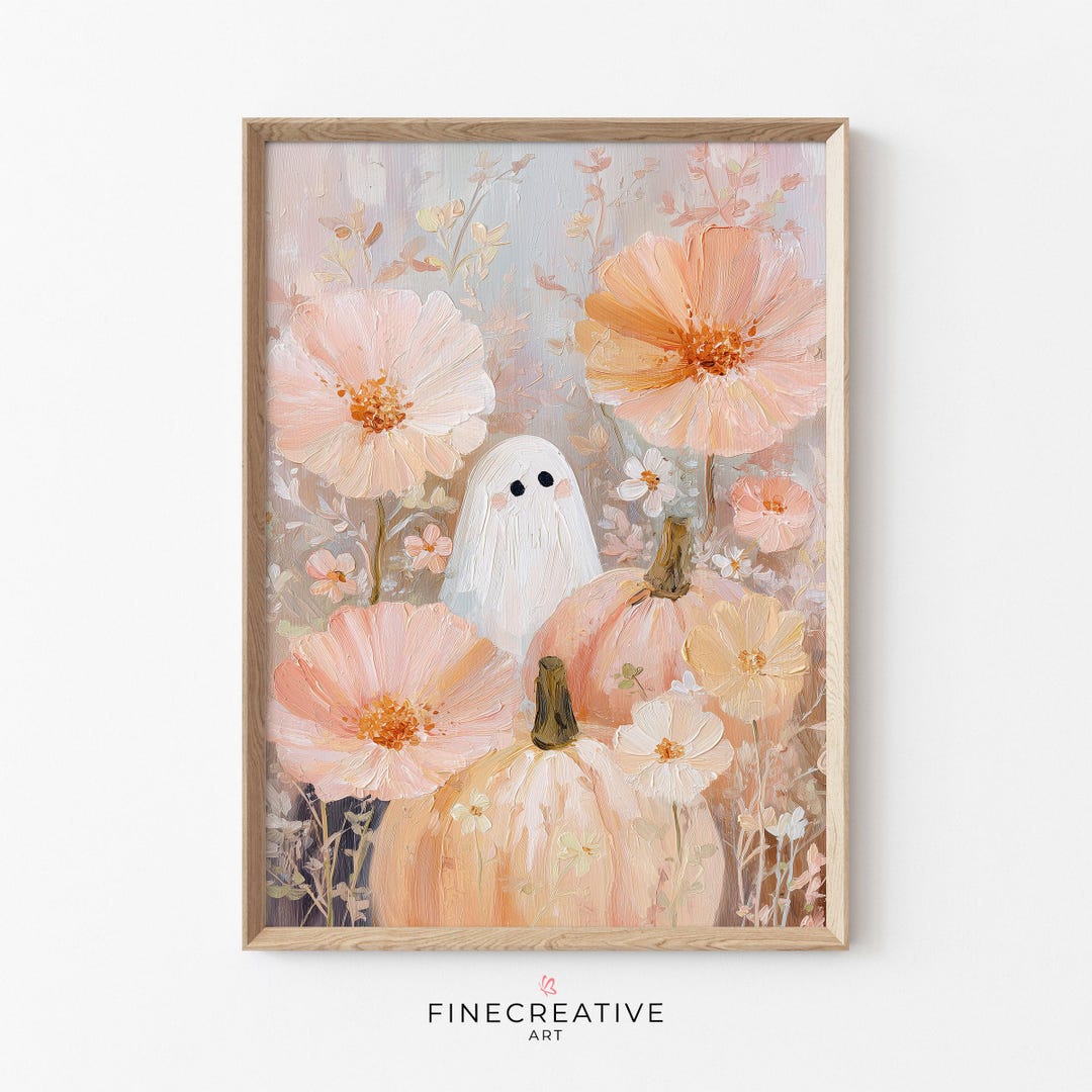 Pastel Halloween Ghost Art Print, Whimsical Fall Wall Art With Pumpkins