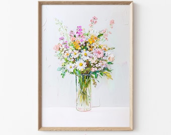 Flower Bouquet Printable Art, Pastel Wildflower Painting, Modern Floral Wall Decor, Spring Botanical Print, Digital Download Artwork | E03