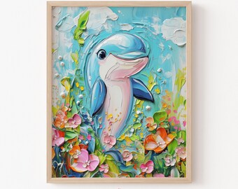 May include: A blue and pink dolphin with a happy expression is surrounded by colorful flowers and green leaves. The background is a light blue with white clouds.