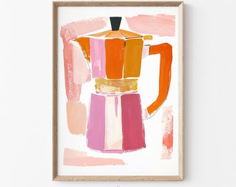 May include: A framed art print featuring a colorful abstract painting of a coffee maker. The artwork uses bold brushstrokes and a vibrant palette of orange, pink, and white. The print is in a wooden frame and includes the text "FINECREATIVE ART".