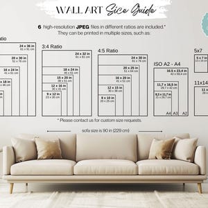 May include: Wall art size guide with various print ratios, including 2:3, 3:4, 4:5, and ISO A2-A4. Sizes range from 8x12 inches to 24x36 inches. The image also includes a sofa that is 90 inches (229 cm) in length.