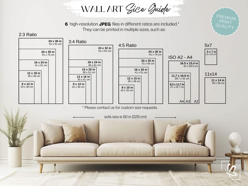 May include: Wall art size guide with various print ratios, including 2:3, 3:4, 4:5, and ISO A2-A4. Sizes range from 8x12 inches to 24x36 inches. The image also includes a sofa that is 90 inches (229 cm) in length.