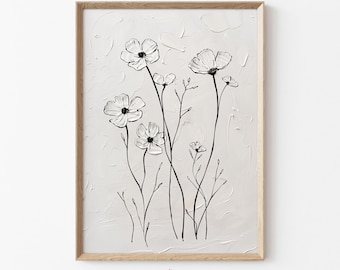 Black and White Floral Line Art Print, Minimalist Textured Flower Painting, 3D Botanical Wall Art, Modern Monochrome Printable Decor | E08