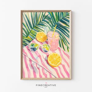 Póster de cóctel, arte mural costero imprimible con limón, gafas de sol y hojas de palmera, decoración tropical de dopamina, arte estético de verano / K28