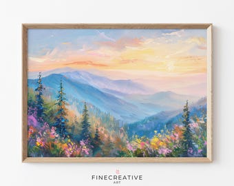 May include: A framed landscape painting depicts a mountain range under a sunset sky. The artwork features blue mountains, green trees, and colorful wildflowers in the foreground. The painting is in a wooden frame, with the text "FINECREATIVE ART" at the bottom.