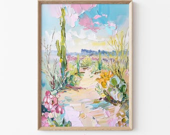 Southwest Desert Landscape Printable, Colorful Cactus Art, Pastel Nature Prints, Western Wall Art Download, Summer Textured Painting | K07