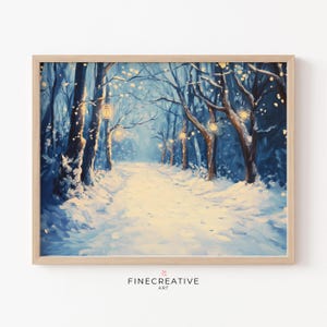 May include: A painting depicting a snowy forest path with glowing lights strung between the trees. The path is covered in snow and the trees are bare. The sky is a light blue colour.
