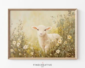 Easter Lamb Printable Wall Art, Pastel Spring Wildflower Painting, Vintage Farmhouse Easter Decor, Cottagecore Animal Art Print | G32