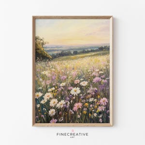 Wildflower Field Spring Landscape Art, Printable Floral Wall Art, Cottagecore Digital Download Painting, Vintage Countryside Decor | G65