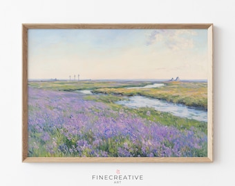 Lavender Wildflower Field Printable Art, Spring Meadow Landscape Painting, Vintage Countryside Wall Decor, Cottagecore Digital Download| G49