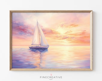 Arte para impressão de veleiro, arte de parede com pôr do sol náutico, pintura relaxante de oceano, decoração de paisagem costeira, arte para download de férias em tons pastel | K35