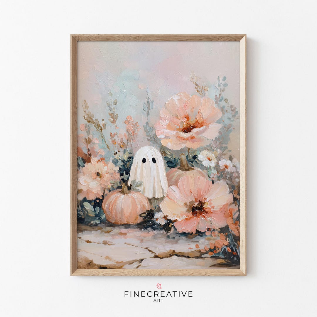 Cute Ghost Art Printable, Pastel Halloween Wall Decor, Floral Wall Art