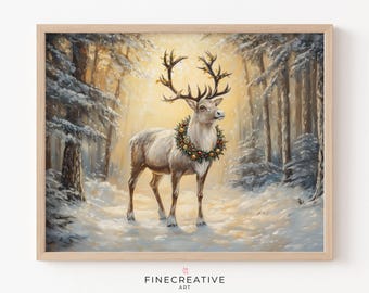 Winter Reindeer Print | Snowy Painting | Holiday Reindeer Wall Art | Rustic Winter Wall Decor Instant Download | D99