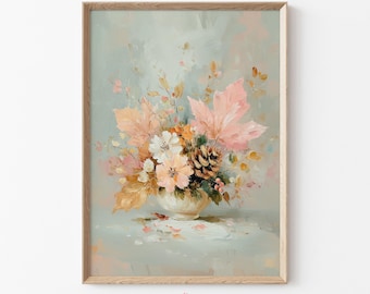 Botanical Wall Art with Pastel Fall Flowers, Pinecones & Autumn Leaves, Thanksgiving Printable for Cottagecore and Farmhouse Decor | C120