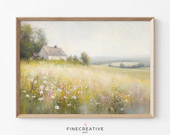 Cottage Landscape Printable Art, Pastel Spring Wildflower Painting, Countryside Wall Decor, Vintage Botanical Print, Digital Download | G35