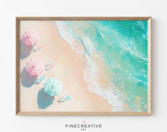 Beach Umbrella Wall Art, Coastal Printable, Pastel Beach Decor, Ocean Summer Wall Print, Aerial Shore Artwork, Digital Download Art | K21