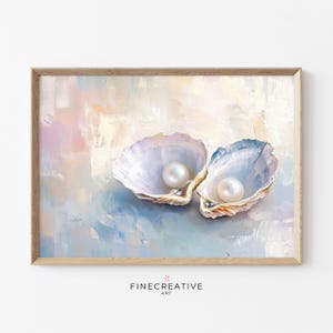 Oyster Shell Art Printable, Seashell with Pearl Wall Art, Pastel Ocean Print, Beach Shell Wall Decor,  Summer Coastal Downloadable Art | K36