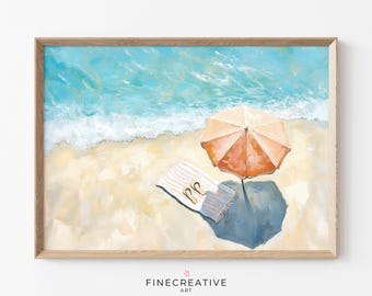 Beach Umbrella Wall Art, Pastel Coastal Print with Towel, Ocean Painting, Tropical Summer Decor, Downloadable Dopamine Art Printable | K38