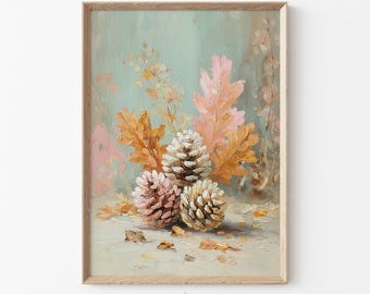 Pinecone Art Printable, Rustic Fall Botanical Wall Art for Farmhouse Decor, Pastel Nature Painting & Thanksgiving Downloadable Art | C122