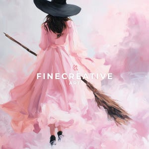 May include: An artistic painting of a person in a flowing pink dress and a black hat, holding a broom and flying through pink clouds. The text "FINECREATIVE ART" is displayed in white.