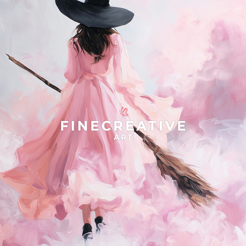 May include: An artistic painting of a person in a flowing pink dress and a black hat, holding a broom and flying through pink clouds. The text "FINECREATIVE ART" is displayed in white.