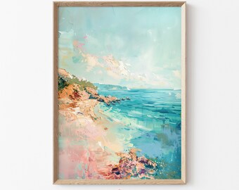 Vintage Beach Print, Pastel Coastal Landscape Art, Summer Seaside Art, Retro Ocean View Printable, Downloadable Beach House Decor | K25