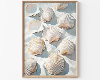 Pastelowy nadruk z muszli morskich, plażowa grafika w delikatnych kolorach i spokojnym nadmorskim stylu, wystrój domu na plaży, sztuka ścienna w stylu marynistycznym, wydruki do pobrania | K48