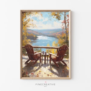 Printable fall landscape art featuring Adirondack chairs overlooking a calm lake with soft skies and sunlit reflections. Textured brush strokes in warm autumn colors create a cozy, timeless feel. Perfect for lake house decor, cozy cottage interiors, or modern farmhouse style, this high-resolution digital download adds natural beauty and seasonal charm to your walls.