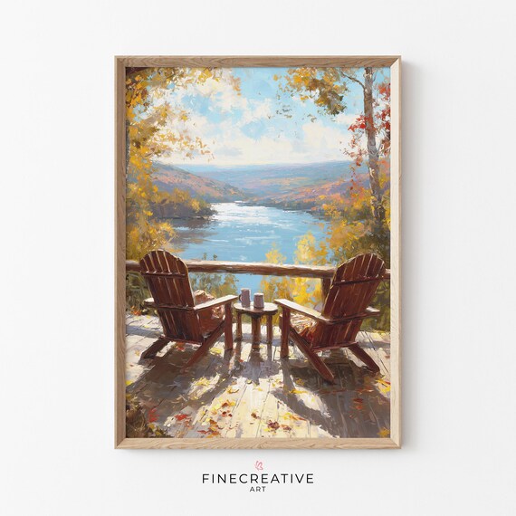 Fall Landscape Art Lake House Decor with Adirondack Chairs, Autumn Wall Art for Cozy Cottage, Nature Prints Modern Farmhouse Download | C44