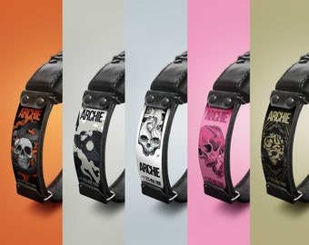 Personalized Leather Dog Collar Tag: Custom Print Pet ID - Skull Design