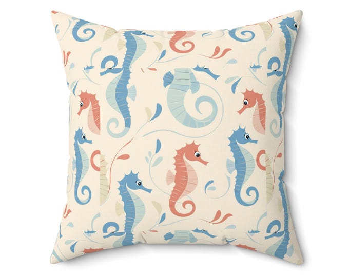 Featured listing image: Seahorse Kids Room Pillow, Baby Nursery Decor, Spun Polyester Square Pillow, Baby Pillowcase, Ocean Theme Pillow, Children's Bedroom Pillow