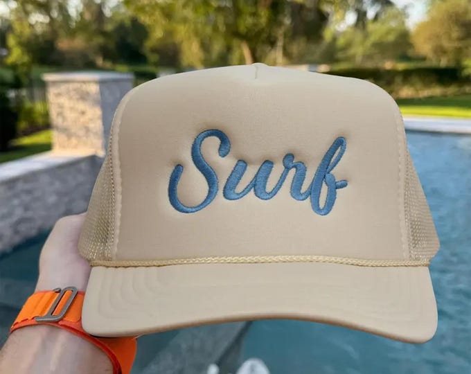 Embroidered Surf Trucker Hat, Surf Cap, Surf Embroidery Cap, Summer, Adjustable Hat, Unisex 5 Panel Hat