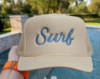 Embroidered Surf Trucker Hat, Surf Cap, Surf Embroidery Cap, Summer, Adjustable Hat, Unisex 5 Panel Hat