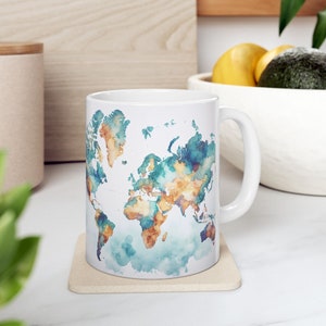 Watercolor World Map Mug, Ceramic Coffee Cup, Traveler Gift, Geography Tea Mug, Wanderlust Gift, Adventure Home Decor