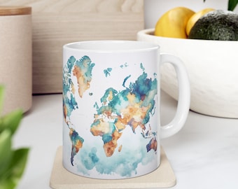 Mok aquarel wereldkaart, keramische koffiekop, reizigerscadeau, theemok aardrijkskunde, reislustcadeau, decoratie avontuur