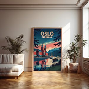 Vintage Oslo Norway Travel Poster – Mid-Century Style Oslo City Hall and Waterfront Art Print