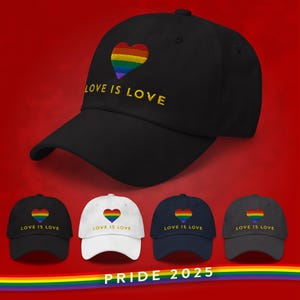 Love is Love Heart LGBTQ Pride Hat | Rainbow Embroidered Cap | | Queer Gift | WLW Lesbian Gay Bi Trans Queer Hat | Pride Merch | Pride Cap