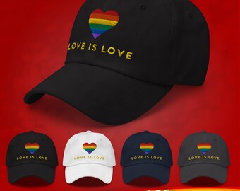 Love is Love Heart LGBTQ Pride Hat | Rainbow Embroidered Cap | | Queer Gift | WLW Lesbian Gay Bi Trans Queer Hat | Pride Merch | Pride Cap