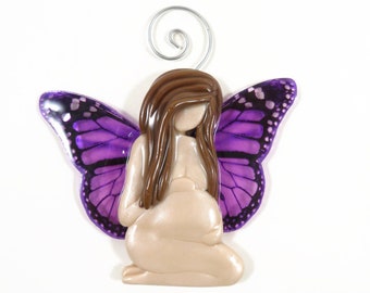 2d Pregnant Mother Sculpted Ornament with Purple Monarch Butterfly Wings - ready to ship