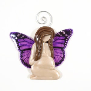 2d Pregnant Mother Sculpted Ornament with Purple Monarch Butterfly Wings ready to ship image 1