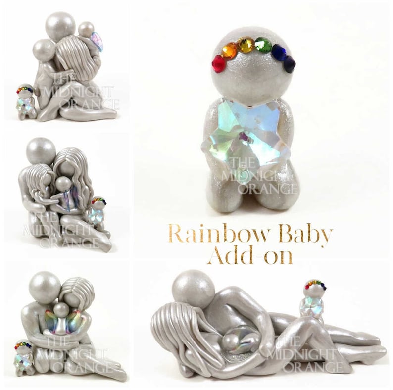 May include: A collection of silver-colored figurines depicting families and a single figure with a rainbow-colored headpiece. The figurines are holding each other. The text "Rainbow Baby Add-on" is in the image.