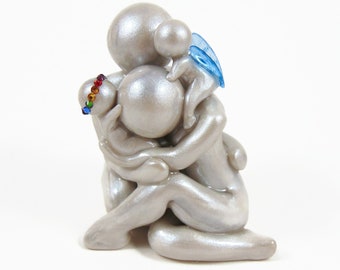 Twinless Twin or Rainbow Baby sculpture with one earthside and one heavenside baby - child loss memorial gift - clay angel - made to order
