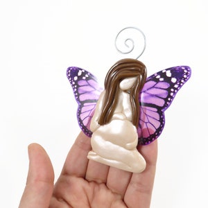 2d Pregnant Mother Sculpted Ornament with Purple Monarch Butterfly Wings ready to ship image 3