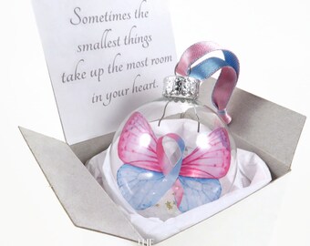 Pregnancy and Infant Loss Awareness Ornament - Pink and Blue Ribbon Butterfly Keepsake in Glass or plastic Bauble by The Midnight Orange