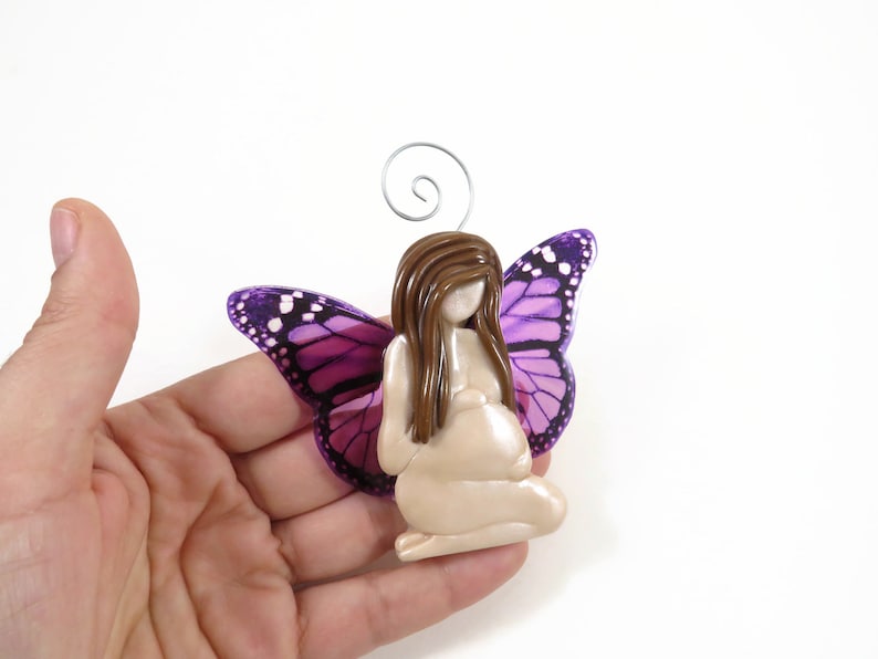 2d Pregnant Mother Sculpted Ornament with Purple Monarch Butterfly Wings ready to ship image 2