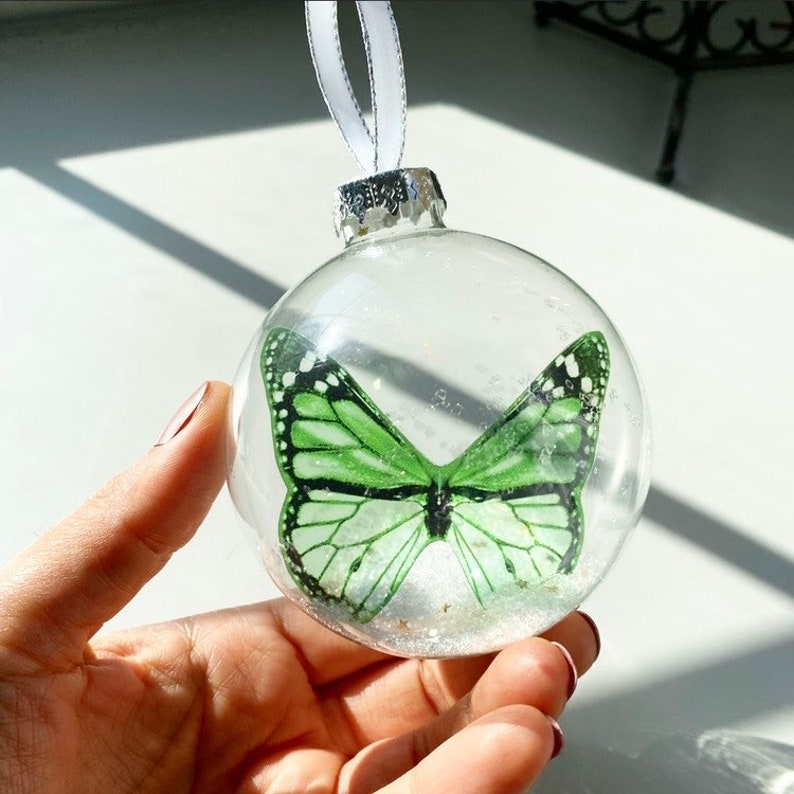 Monarch Butterfly Christmas Keepsake Ornament in glass bauble by The Midnight Orange you choose color beautiful memorial gift Green