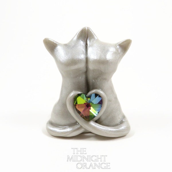 Significat Others - Coupled Cats Figurine - love cats sculpture by The Midnight Orange - hand sculpted with crystal heart