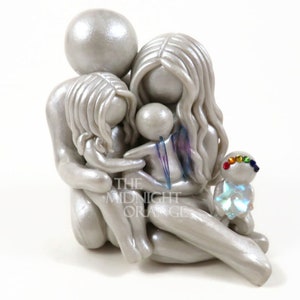 May include: A silver family figurine depicting a parent and two children embracing. A small figure with a rainbow-colored headpiece is also present. The figurine has a pearlescent finish and the text "THE MIDNIGHT ORANGE" is visible.